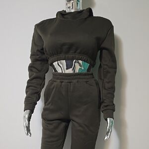 Olive Green Cropped Sweatshirt and Joggers Set